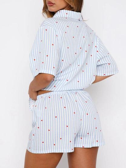 Valentine's Day Printed Collared Neck Short Sleeve Top And Shorts Set