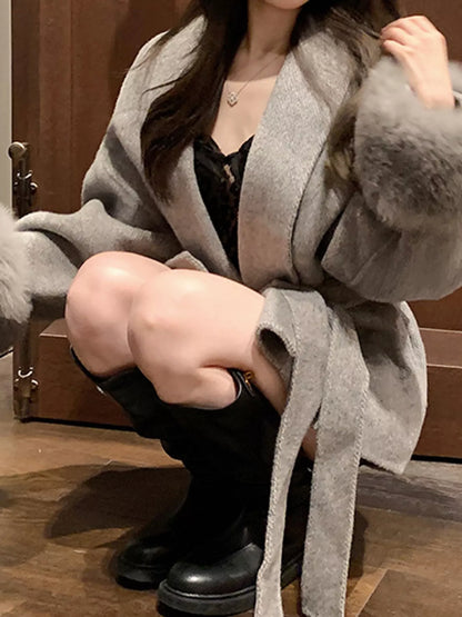 Waist Tie Outerwear with Faux Fur Cuffs