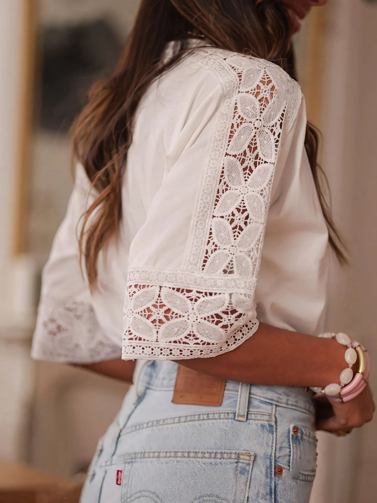 Lace Trim Round Neck Casual Blouse