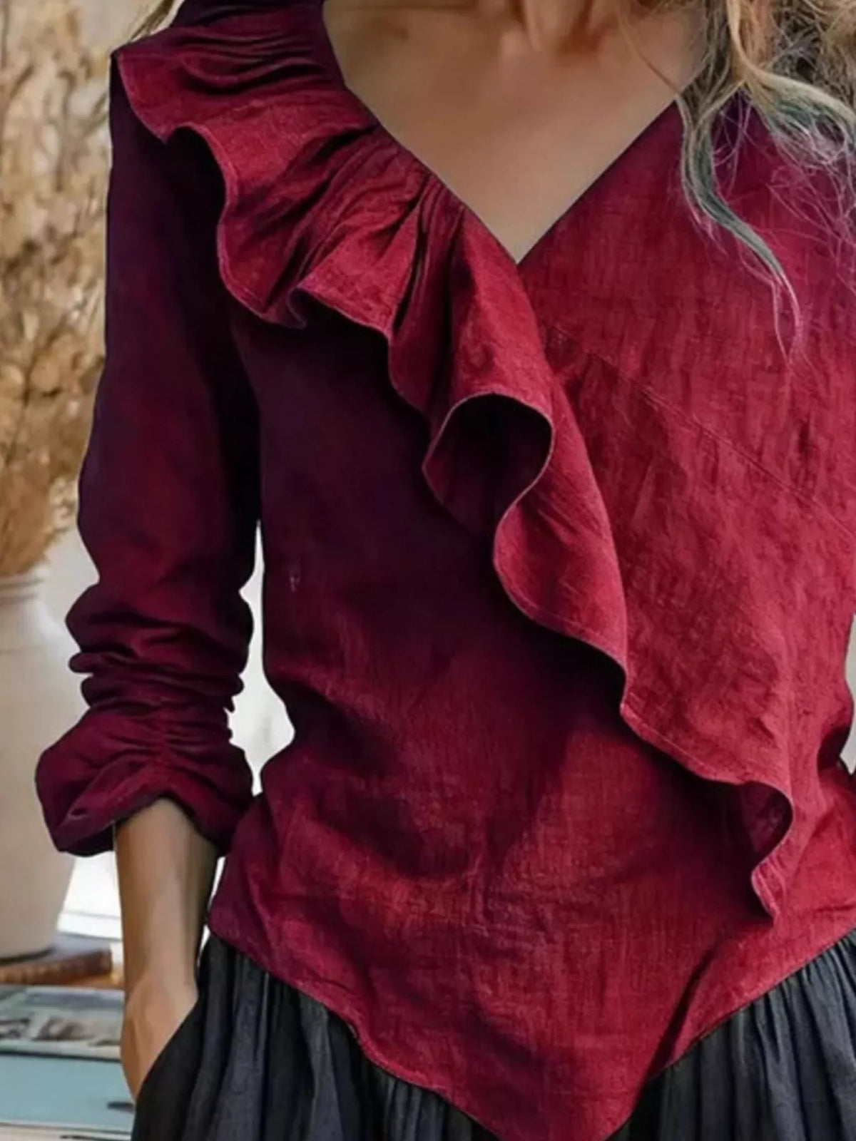 V-Neck Ruffled Long Sleeve Blouse