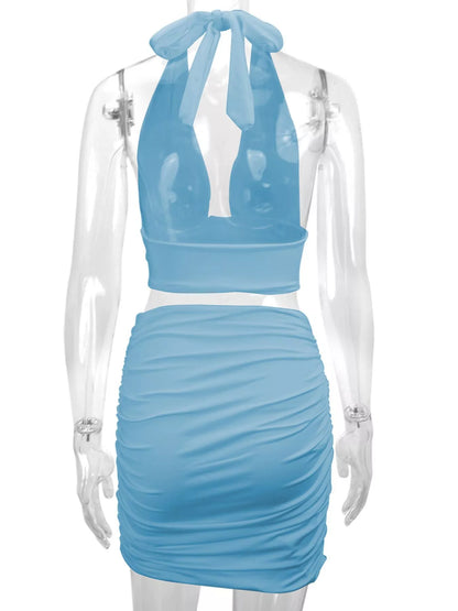 Halter Crop Top and Ruched Bodycon Mini Skirt Set