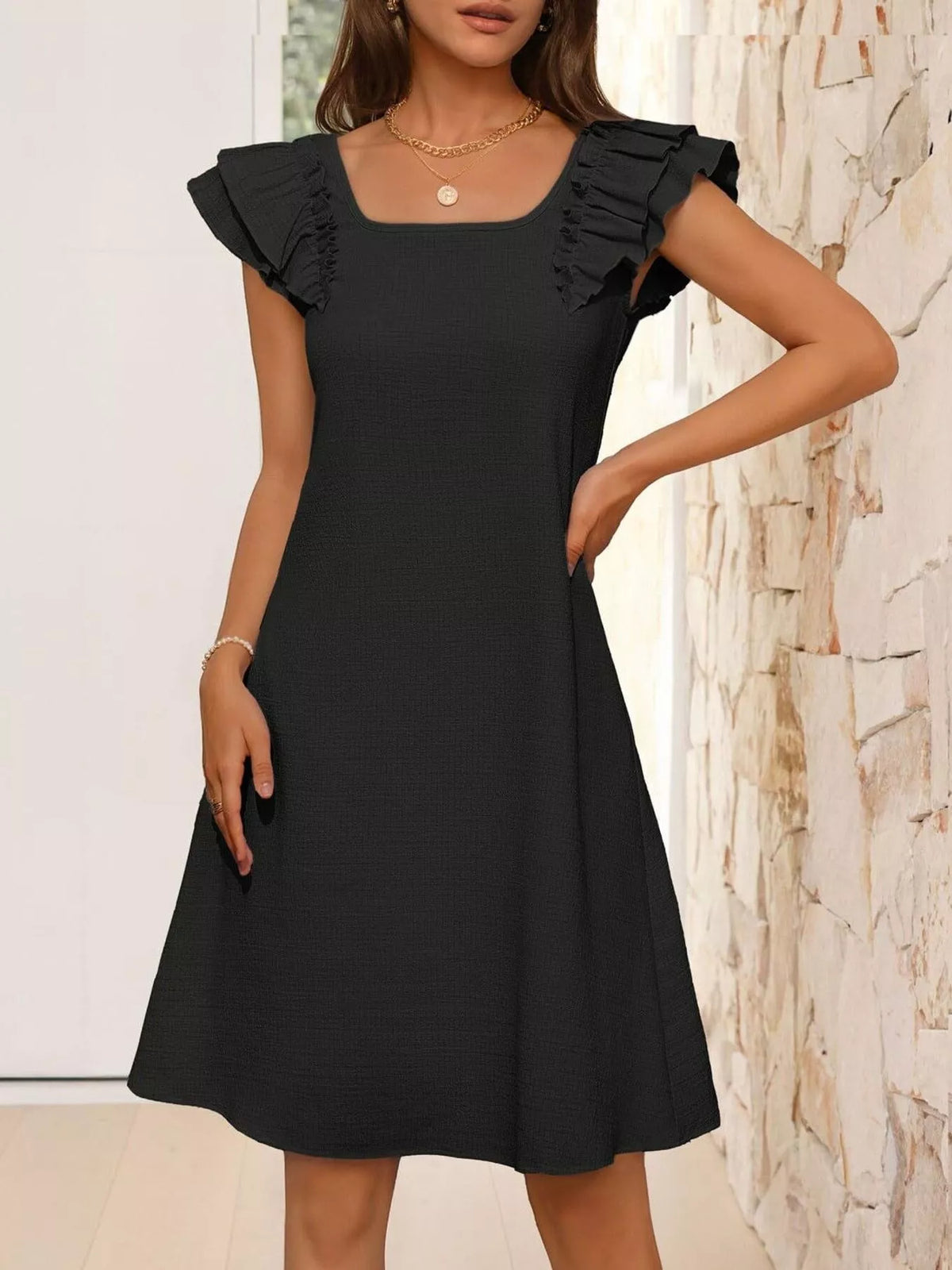 Ruffled Sleeve Square Neck Casual Dress