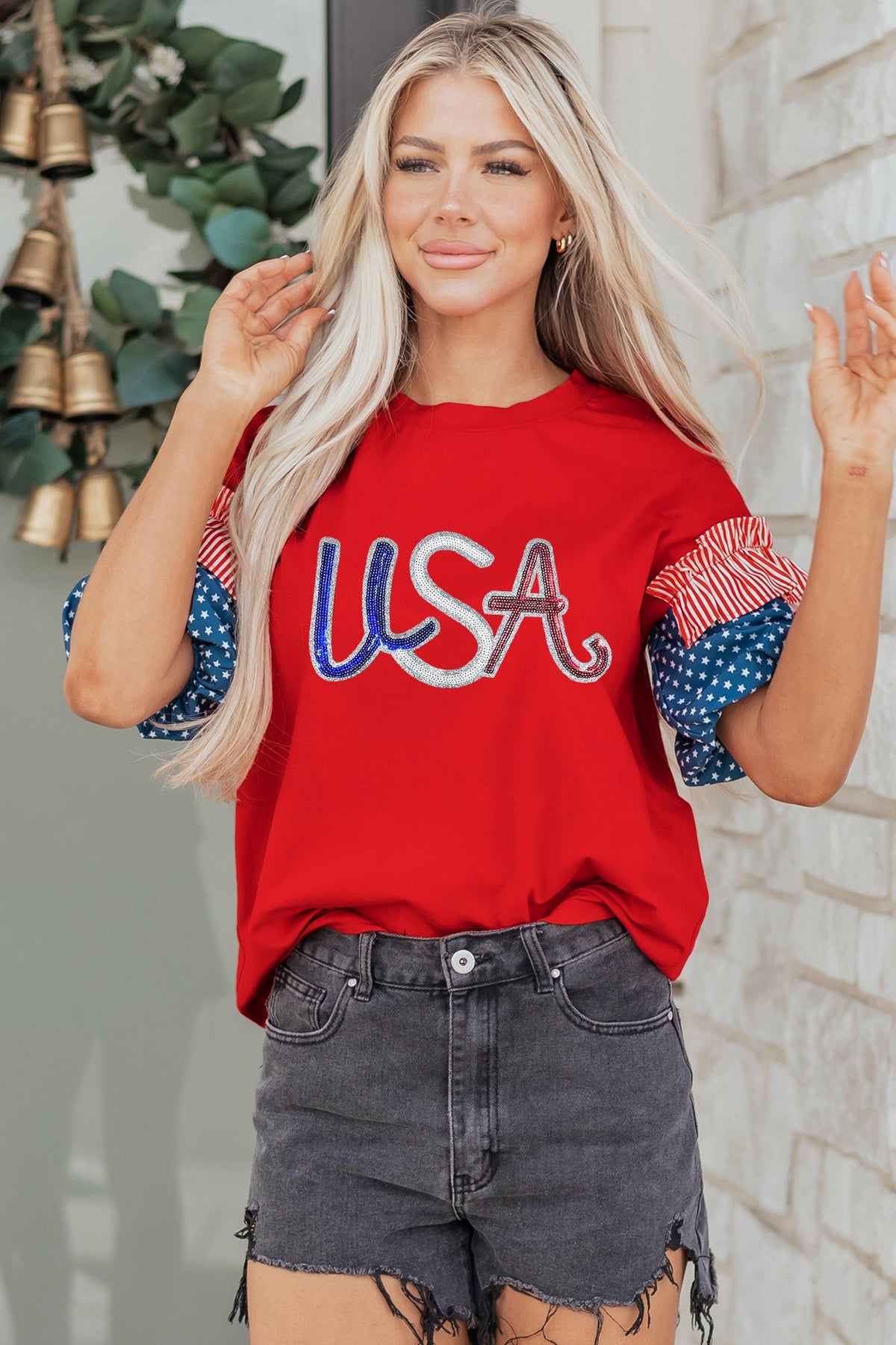 Fiery Red Sequin USA Lettering Patriotic Contrast Splicing Sleeve Top