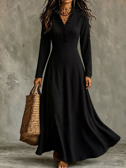 Plus Size V-Neck Maxi Dress with Roll-Up Sleeves