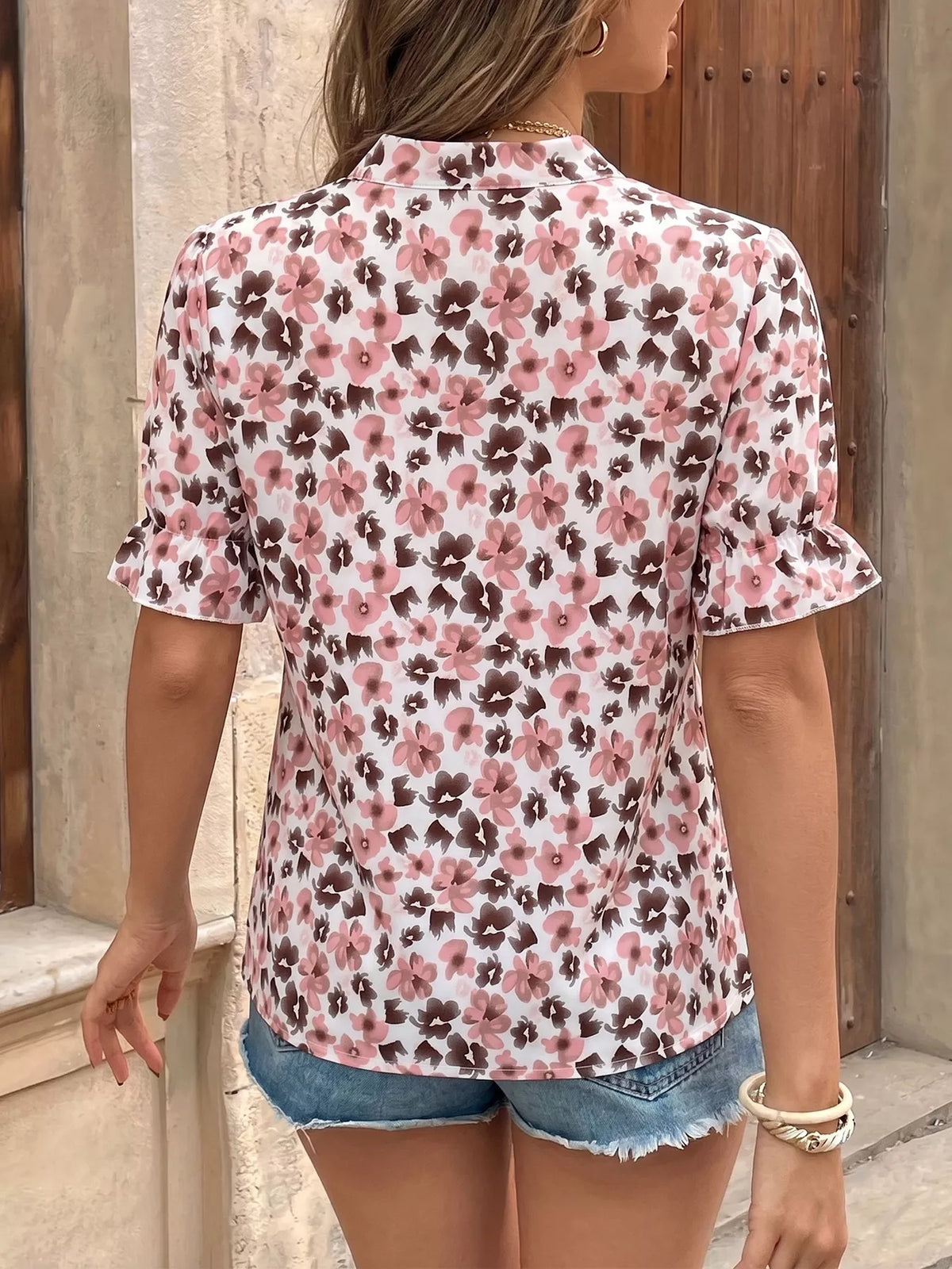 Floral Print Tie Neck Ruffle Blouse