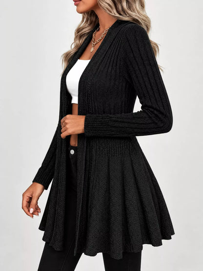 Elegant Ribbed Knit Open Front Flared Cardigan