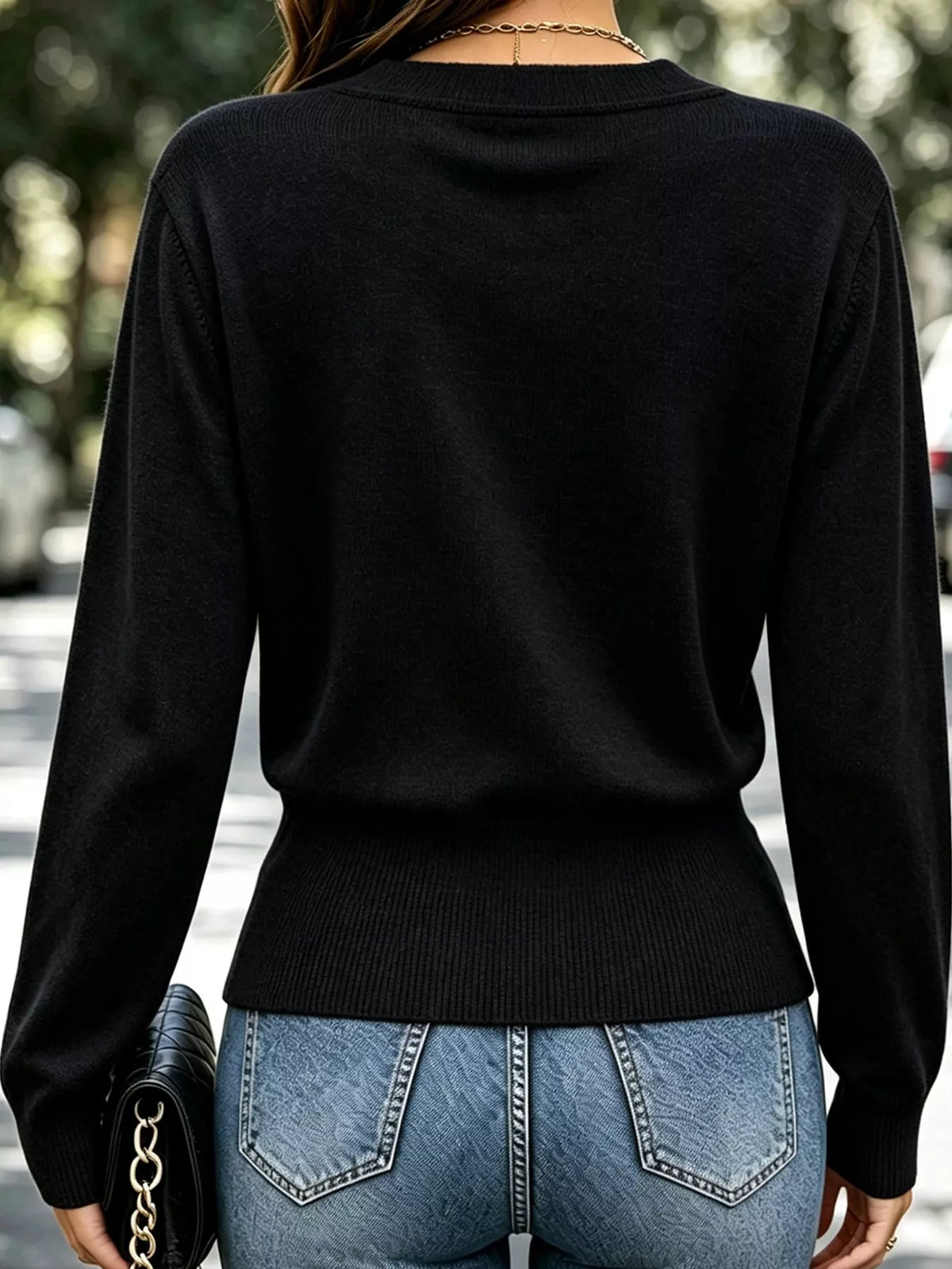 Surplice Elastic Waist Long Sleeve Knit Top