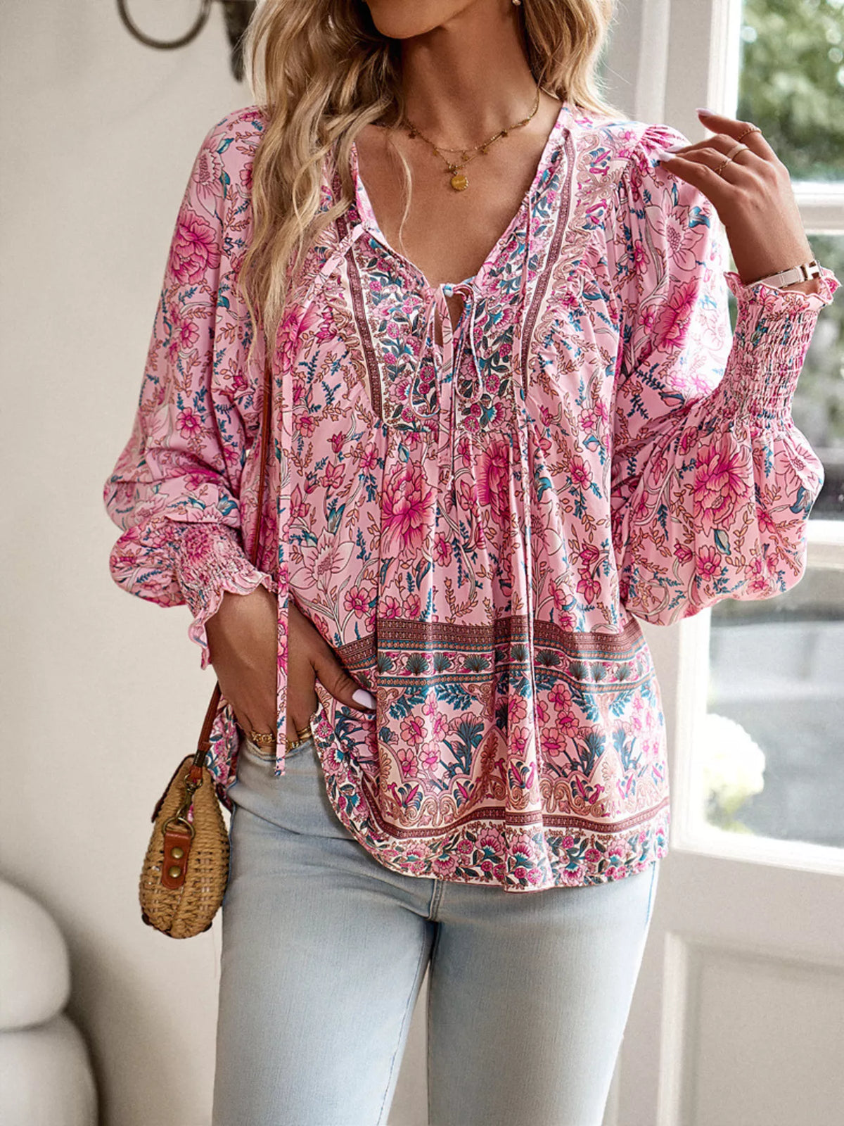 Floral Print Tie-Neck Blouse with Smocked Cuffs
