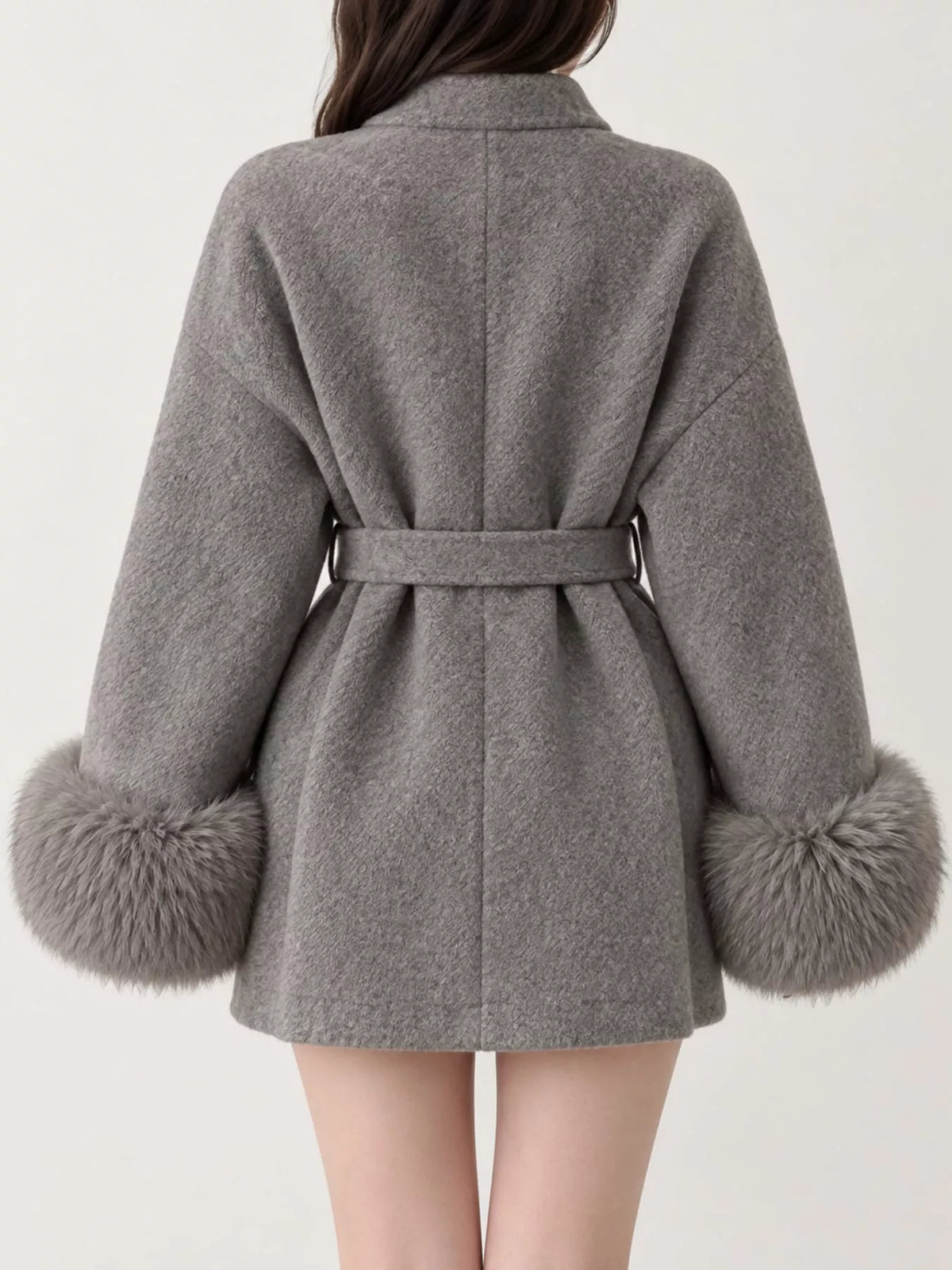 Waist Tie Outerwear with Faux Fur Cuffs