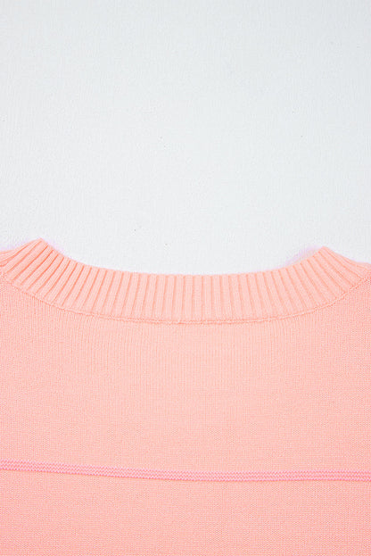 Pink Colorblock Striped Half Sleeve Drop Shoulder Sweater