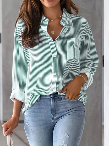 Full Size Striped Button-Down Long Sleeve Shirt Plus Size