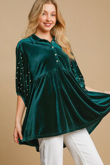 | Umgee Pearl Detail Half Sleeve Velvet Babydoll Blouse