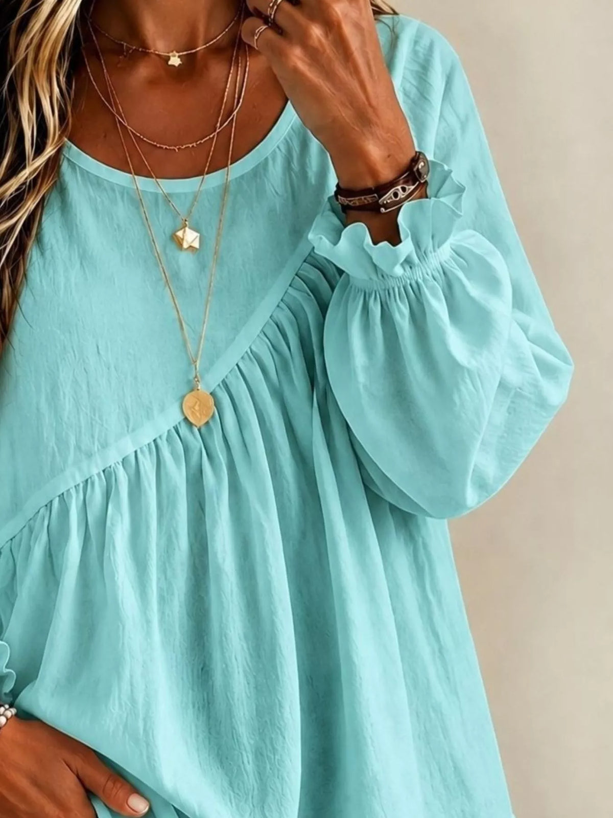 Long Sleeve Blouse with Asymmetric Pleated Detail