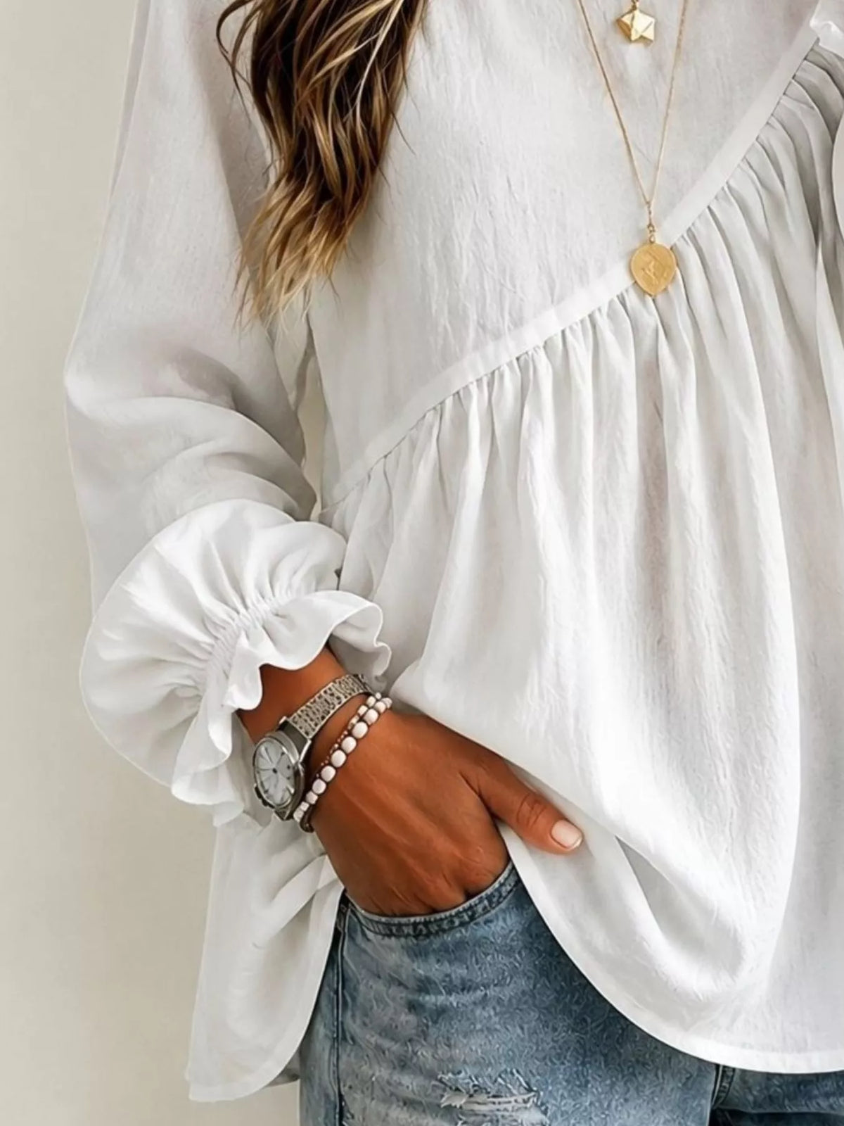 Long Sleeve Blouse with Asymmetric Pleated Detail