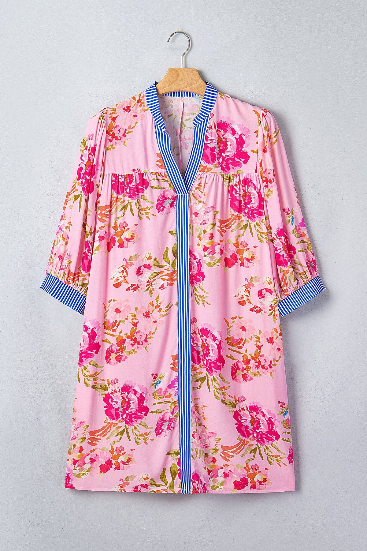 Multicolour Floral Striped Patchwork Trim Half Sleeve Mini Dress
