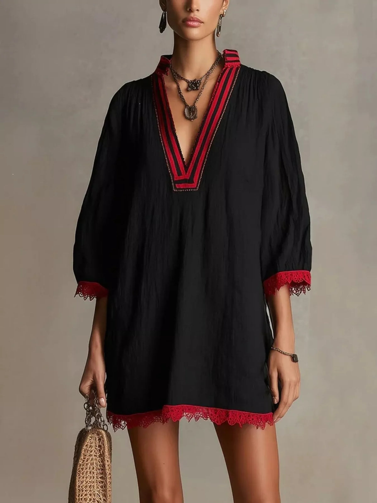 Lace Trim Notched Mini Dress