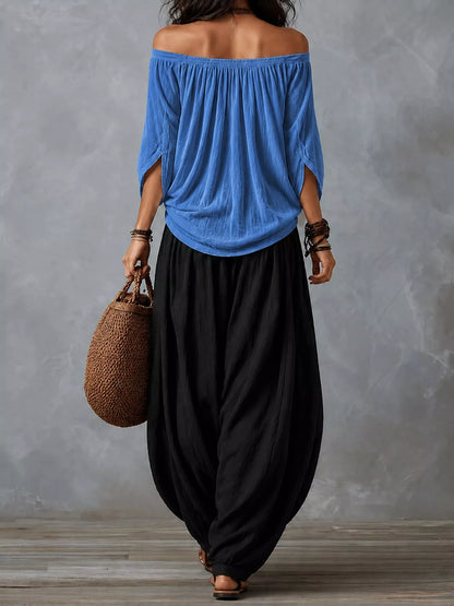 Full Size Off-Shoulder Top and Wide-Leg Harem Pants Set Plus Size