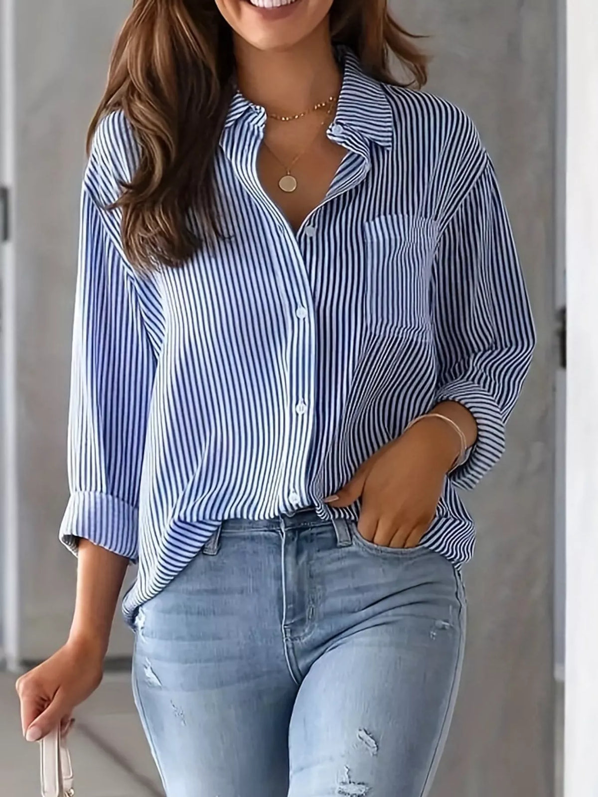 Full Size Striped Button-Down Long Sleeve Shirt Plus Size