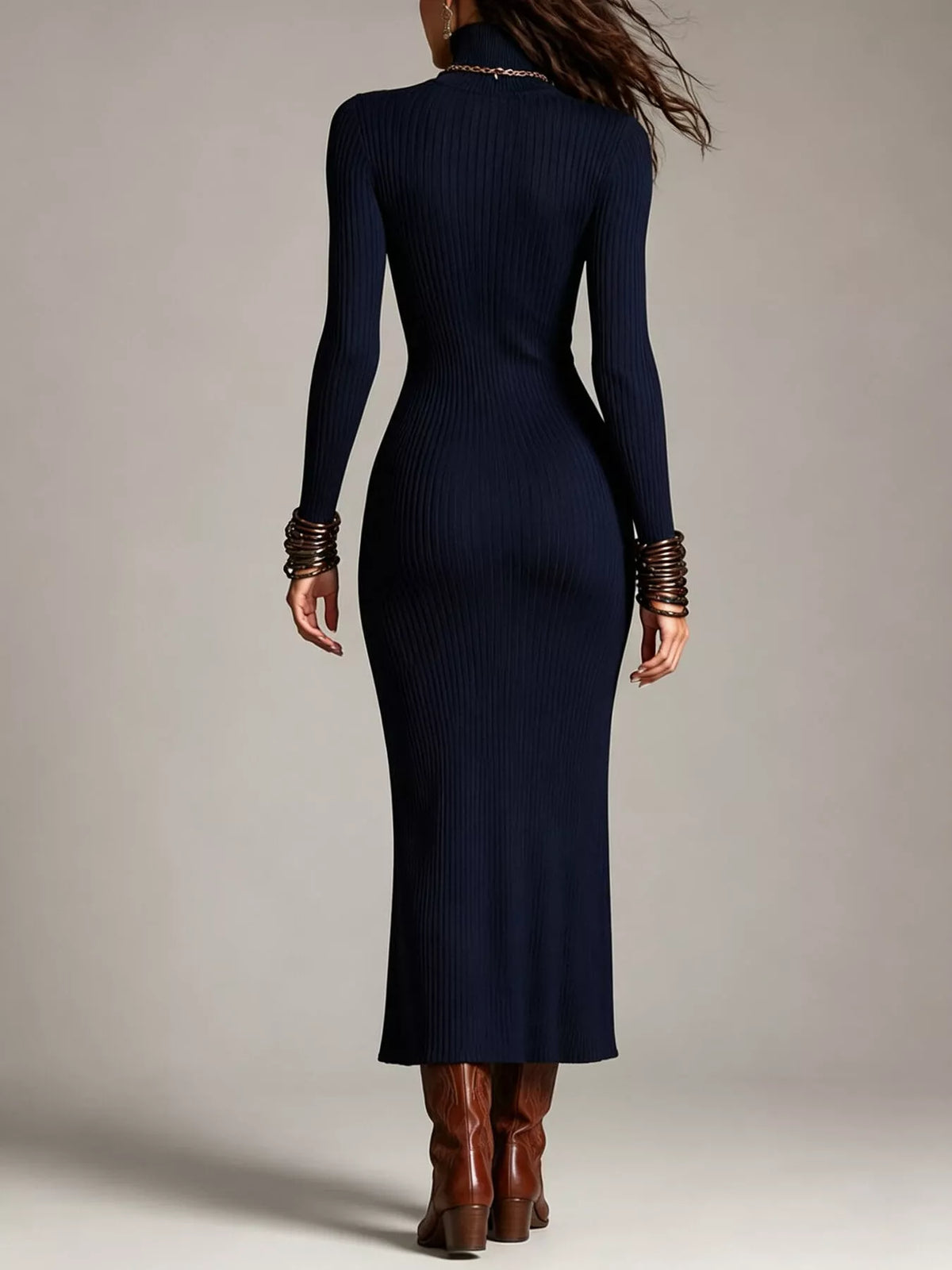 Ribbed Turtleneck Sweater Dress with Cutout and Zipper Slit