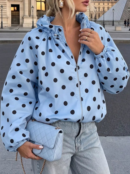 Polka Dot Zip Up Hooded Jacket