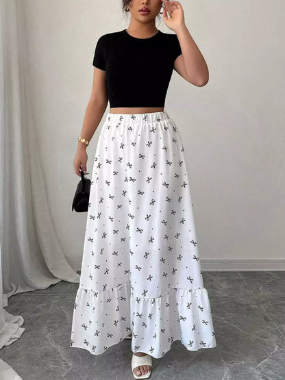 Bowknot Print Ruffle Hem Maxi Skirt