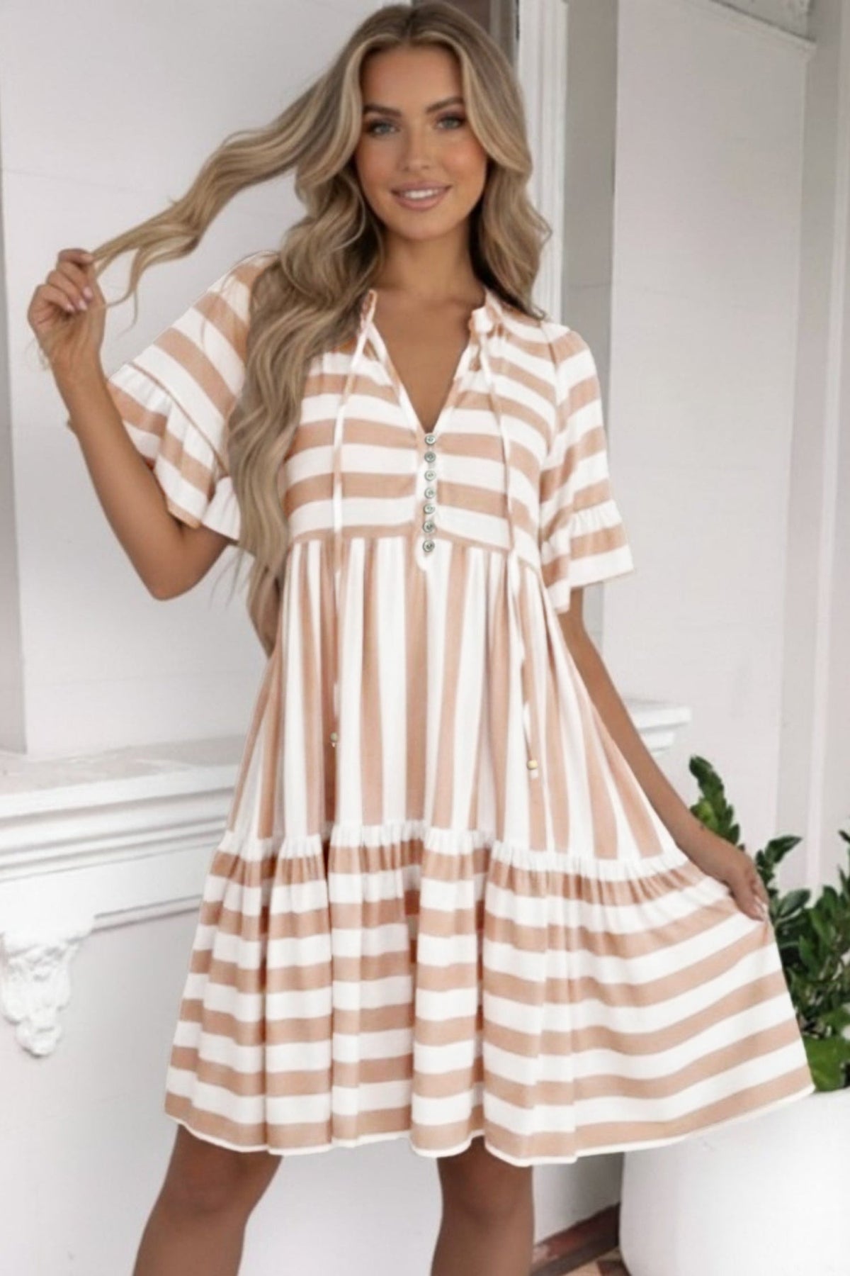Khaki Stripe Tie V Neck Ruffle Trim Short Sleeve Flared Summer Dress