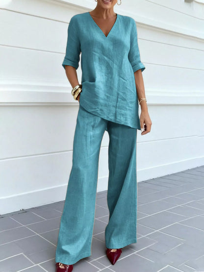 Full Size V-Neck Half Sleeve Top and Pants Set Plus Size