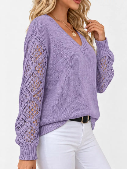 Full Size V-Neck Hollow-Out Long Sleeve Sweater Plus Size