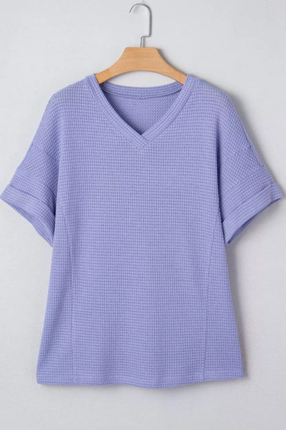 V Neck Short Sleeve Plus Size Waffle Knit Top