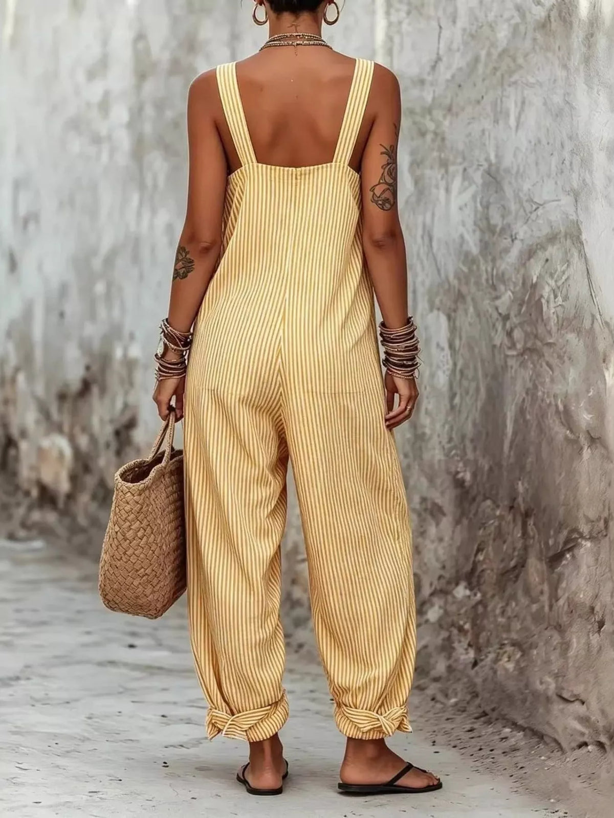 Full Size Striped Square Neck Wide Leg Jumpsuit Plus Size