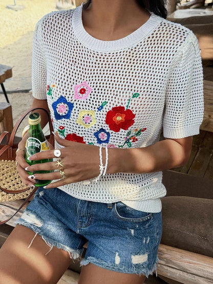 Floral Embroidered Crochet Knit Top