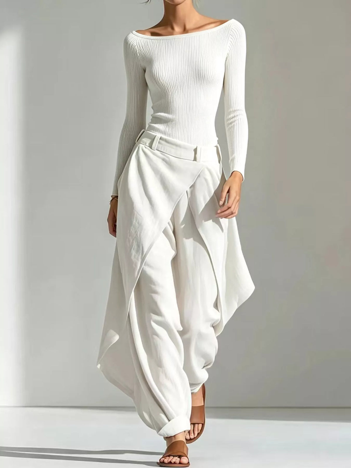 Boat Neck Long-Sleeve Top and Wrap Wide-Leg Pant Set
