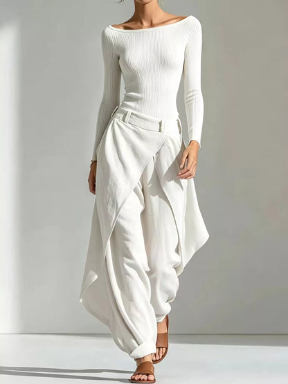Boat Neck Long-Sleeve Top and Wrap Wide-Leg Pant Set