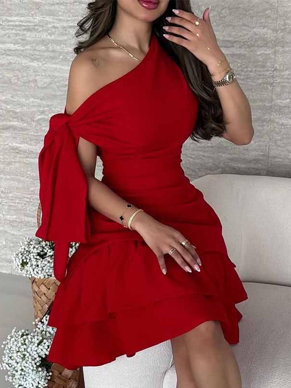 Asymmetrical Neck Bow Tie Cropped Waist Mini Dress