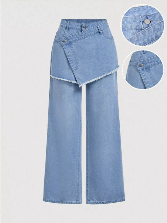 Asymmetric Raw Hem Wide-Leg Jeans