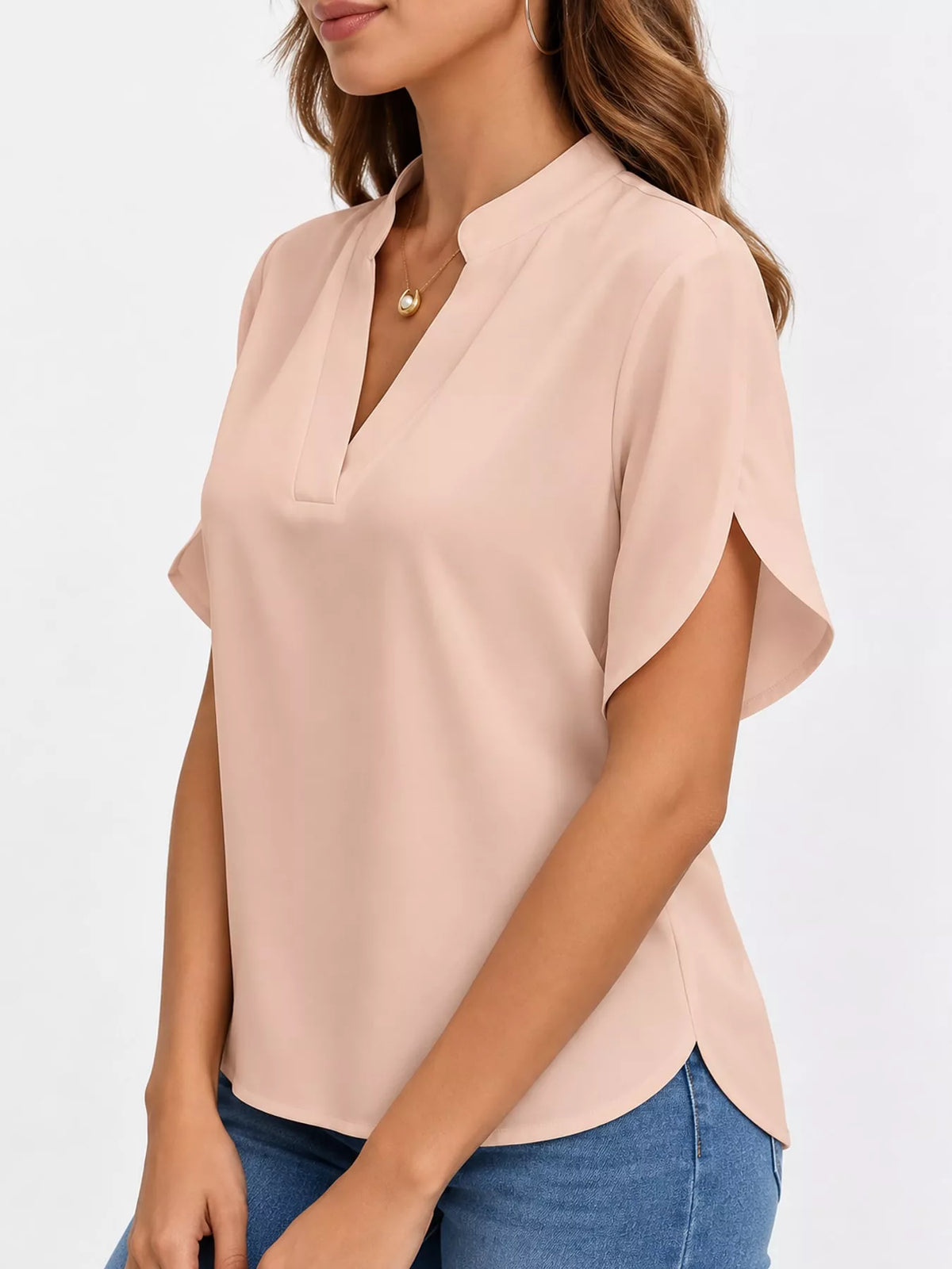 Notched Slit Short Sleeve Blouse