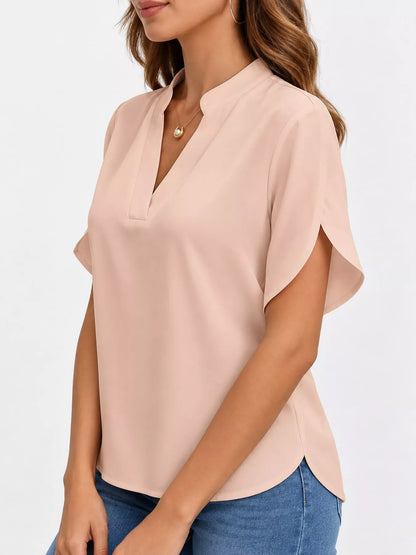 Notched Slit Short Sleeve Blouse