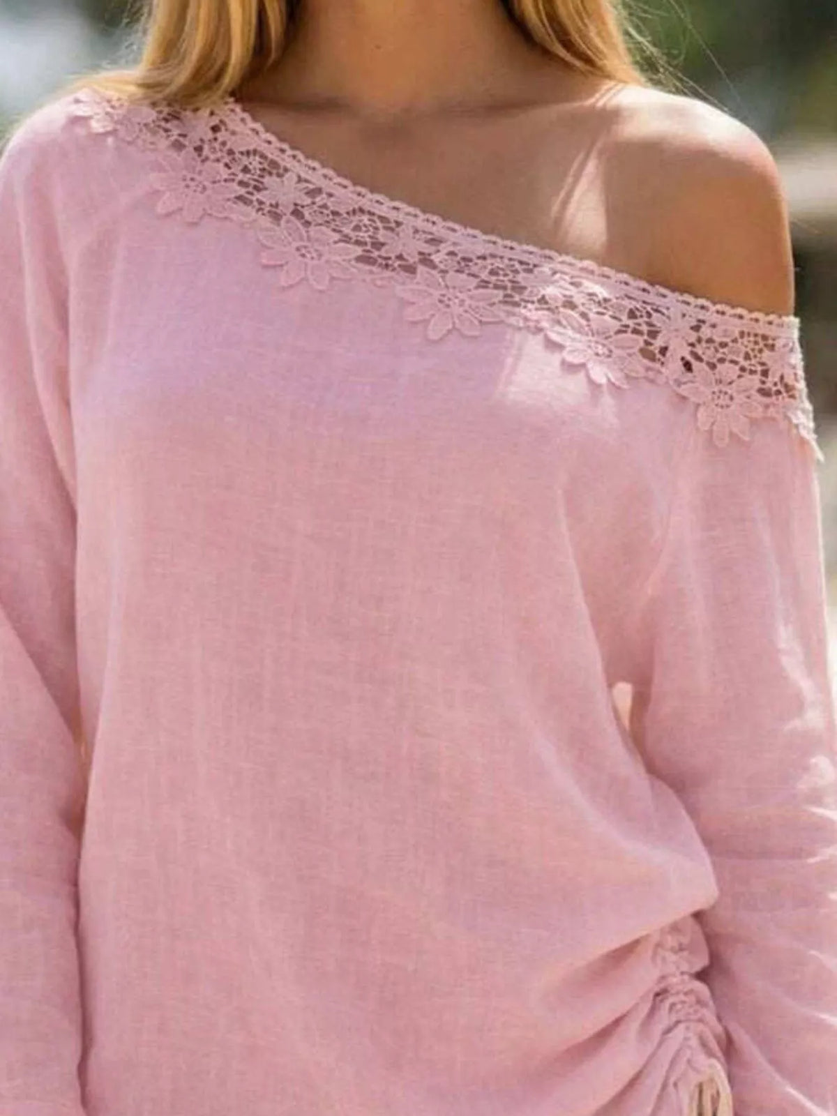 Lace Trim One Shoulder Ruched Top