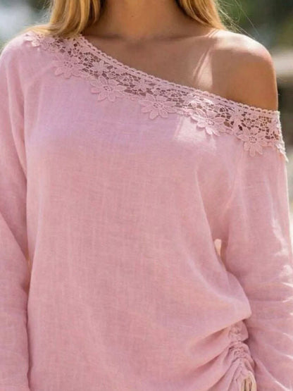 Lace Trim One Shoulder Ruched Top