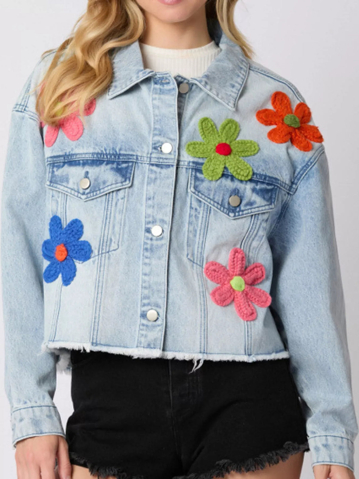 Applique Cropped Denim Jacket with Raw Hem