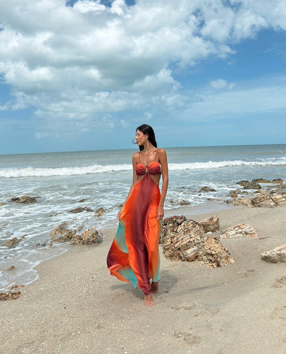 Neon Sunset Printed Metal Decoration Cutout Back Tie-up Vacation Maxi Dress