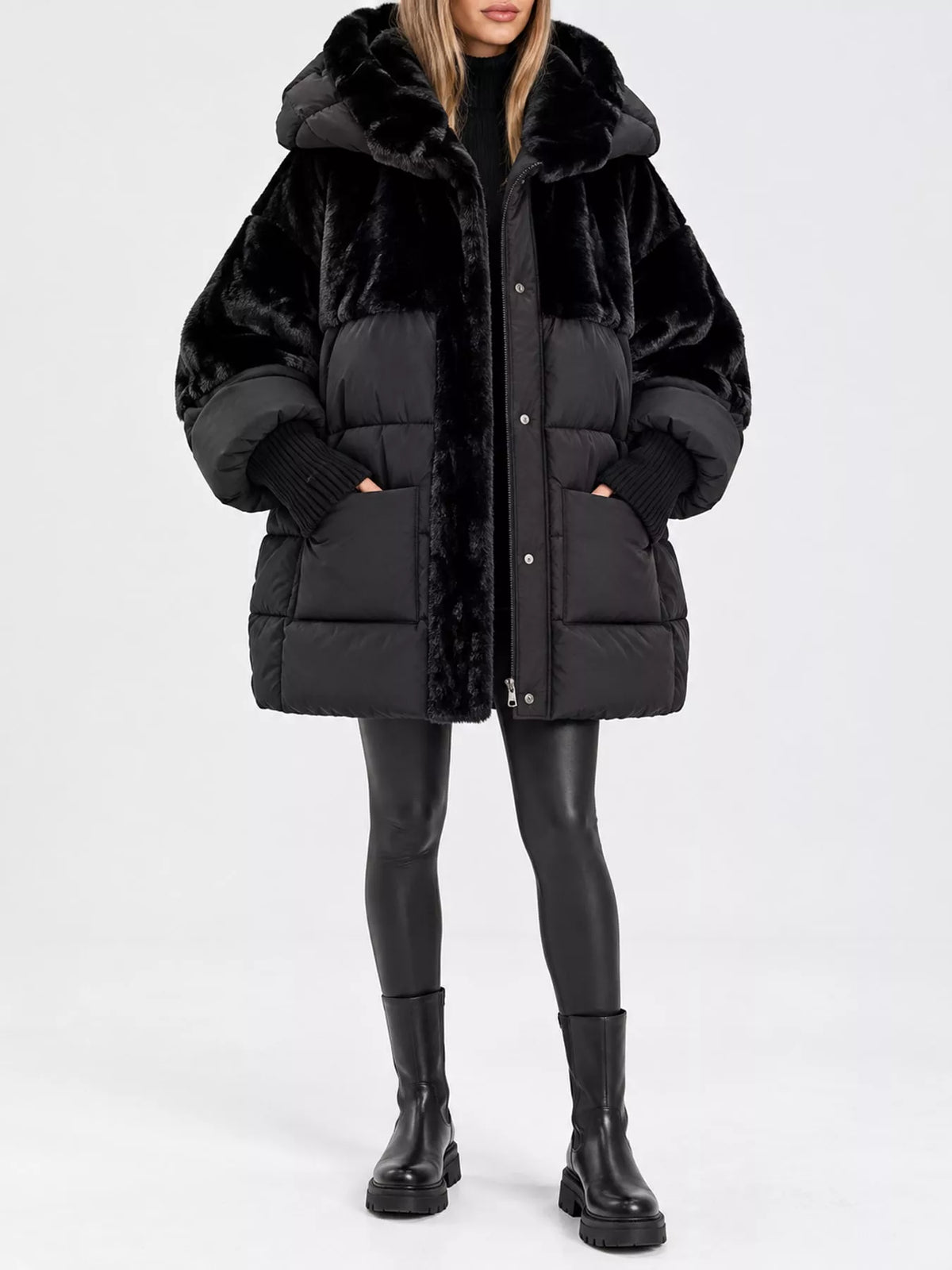 Full Size Faux Fur Hooded Puffer Outerwear Plus Size