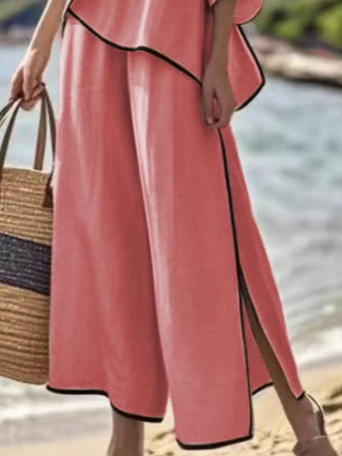 Full Size Contrast Trim Top and Wide Leg Pants Set Plus Size