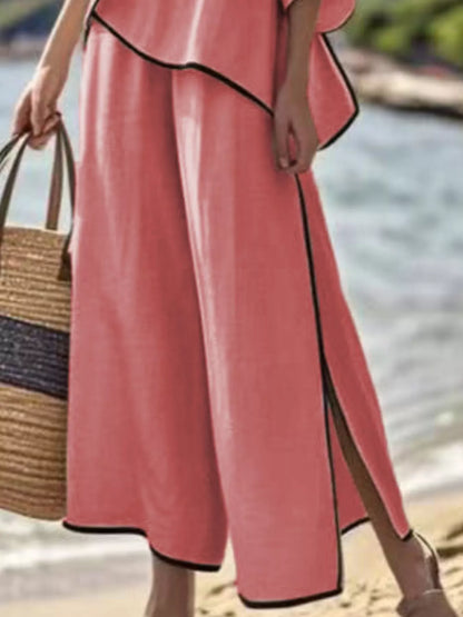 Full Size Contrast Trim Top and Wide Leg Pants Set Plus Size