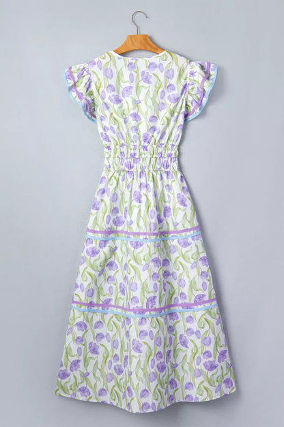 Floral Print Contrast Trim Midi Dress