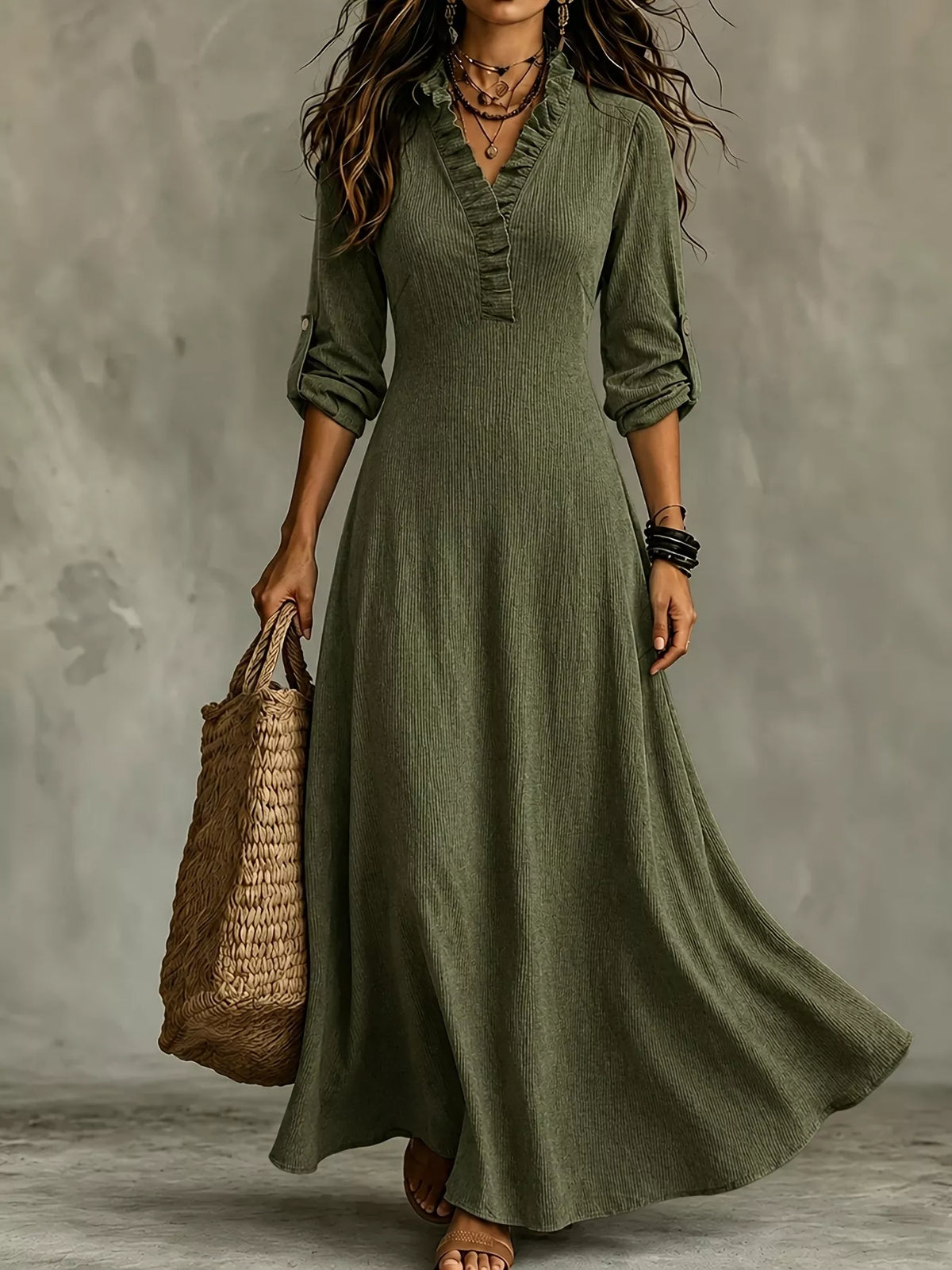 Plus Size V-Neck Maxi Dress with Roll-Up Sleeves