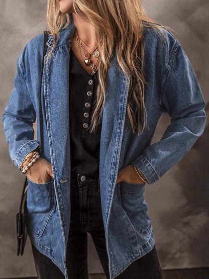 Full Size Casual One-Button Denim Blazer Jacket Plus Size