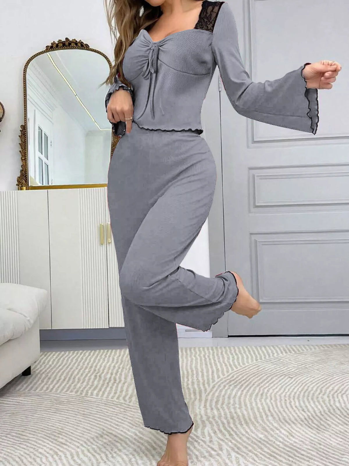 Lace Detail Flare Sleeves Top and Pants Lounge Set