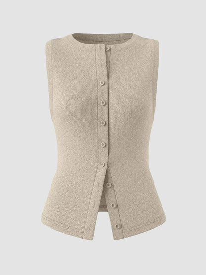 Ribbed Button-Front Sleeveless Tank