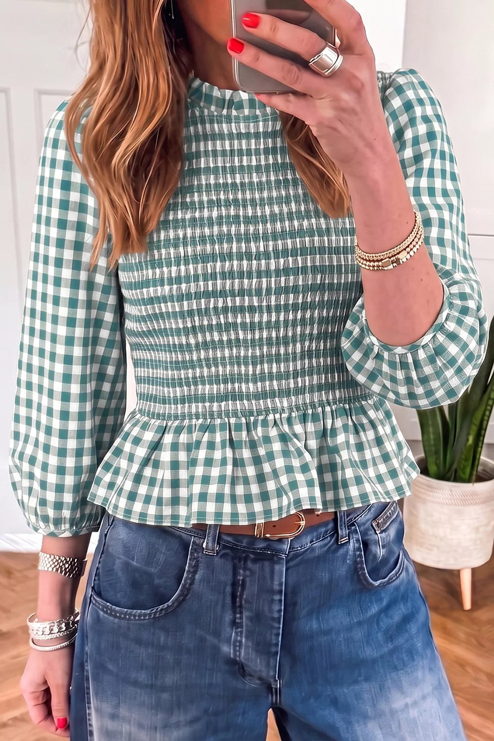 3/4 Sleeve Shirred Plaid Peplum Top